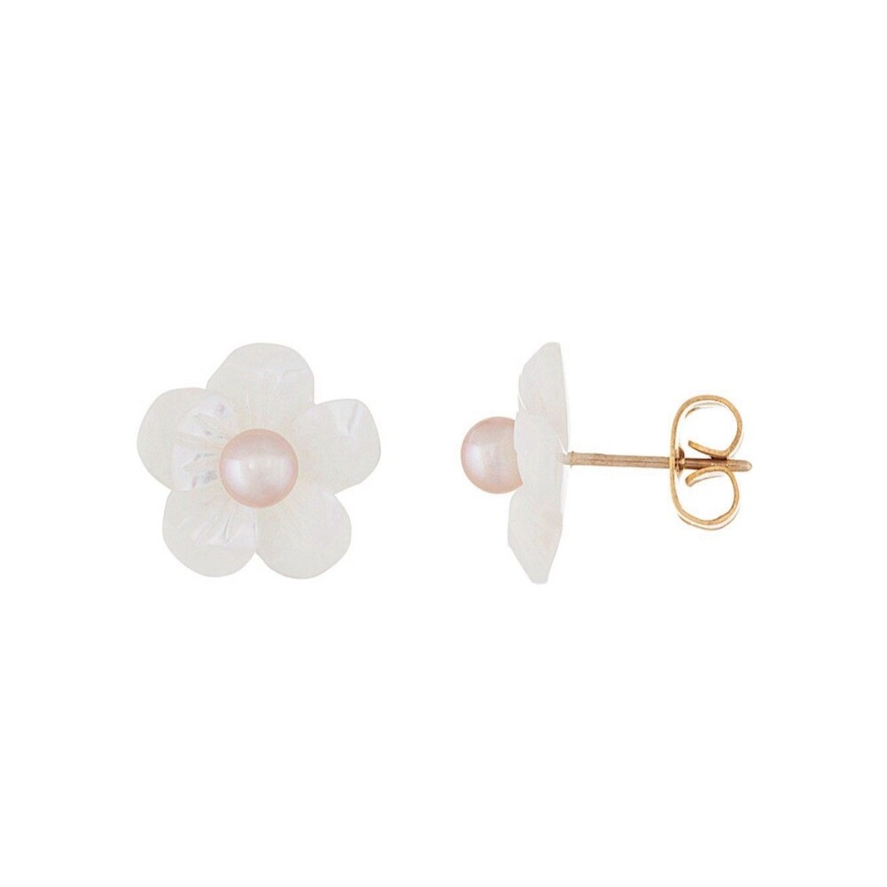 NEW Splendid Freshwater Pearl Earrings 3.5-4mm Pearls/Flower Shape 14K Gold